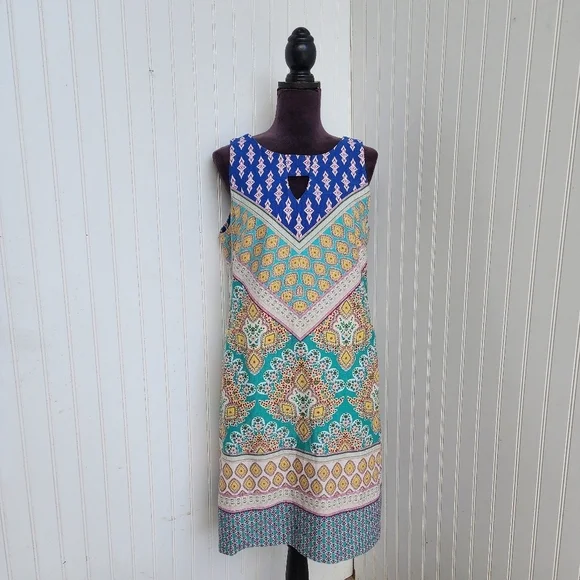 Nine West Womens Multicolor Keyhole V-Neck Floral Short A-Line Dress Size 12 - Picture 1 of 14